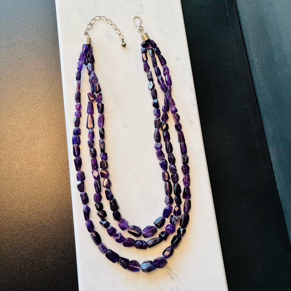 Triple Strand Genuine Amethyst Necklace